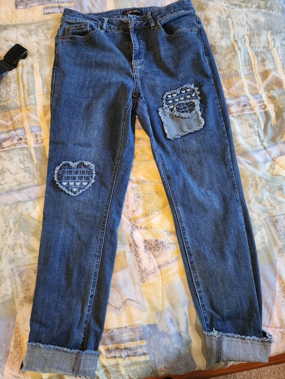 Charlie B Blue Distressed Boyfriend Jeans with Patchwork Hearts